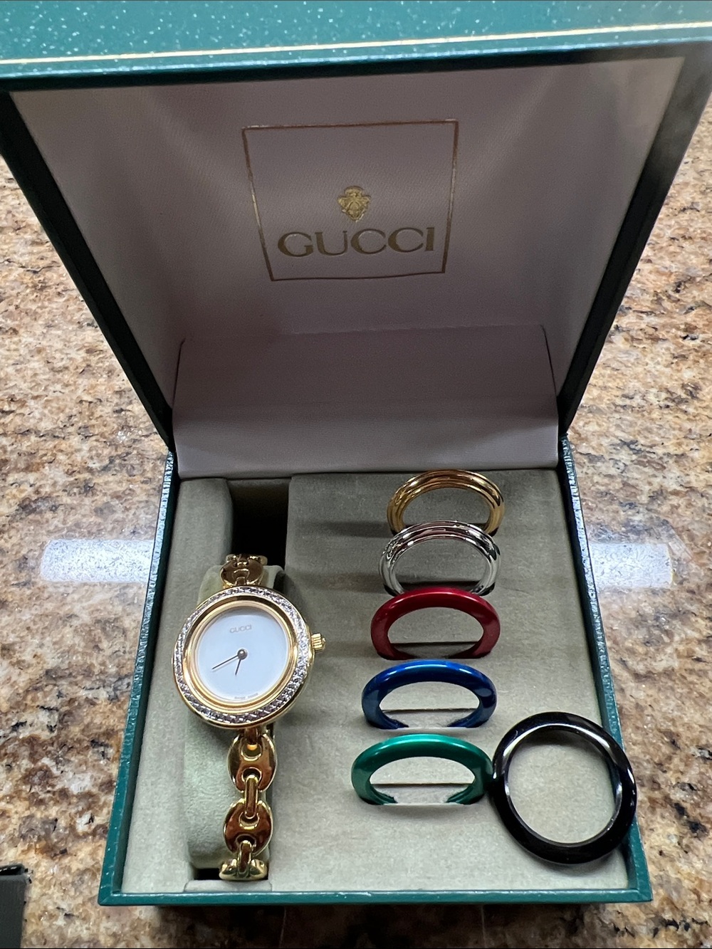 Gucci Gold Tone Women's Watch with Interchangeable Colored Bezels - Picture 2 of 5